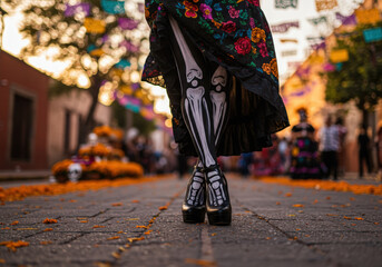Street parade on Day of the Dead, Mexico. Creative super low angle shot.