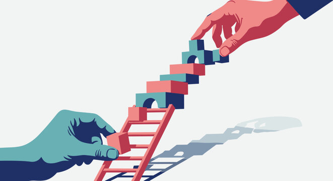 Two hands work together to construct a rising staircase of blocks, symbolizing teamwork, support, and successful progressive development.