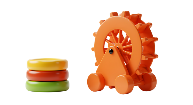 BABY TOYS - Colorful wooden toy gears and stackable rings in orange, yellow, red, and green on white background, perfect for educational play and early childhood development