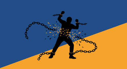 A powerful silhouette breaks free from oppressive chains against a symbolic blue and yellow background, representing liberation and hope.