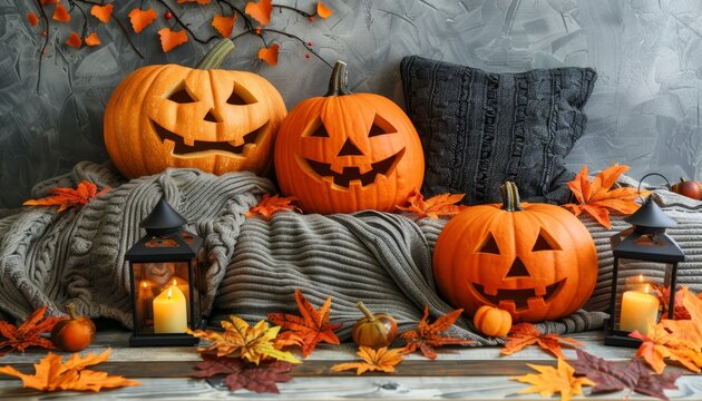 Cozy halloween porch decorated with pumpkins, lanterns, and autumn leaves in natural light