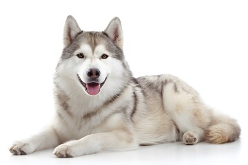 Siberian husky dog resting calmly on a white background