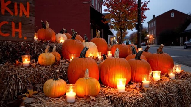 Autumn pumpkins and glowing candles create a festive display on hay bales at dusk.