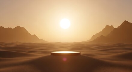 A futuristic podium stands on a sandy desert landscape under a bright sun at sunset