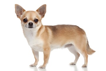 A small chihuahua dog stands alertly facing the camera showing its full body.