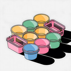 Arrangement of Plastic Buckets Baskets Containers Storage Solutions Home Organization Colorful Vessels Multipurpose Functionality Space Optimization Household Items Assorted Shapes Sizes
