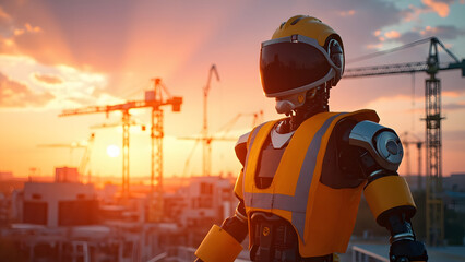 Realistic photo of a humanoid construction robot wearing safety gear at an active building site during sunset. Cranes rise in the background under warm golden light. Large copyspace above for text or 