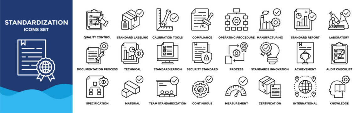 Standardization icon collection set. Containing design, Quality Control, ISO Certification, Standard Labeling, Calibration Tools, Compliance Document