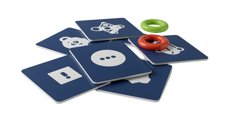 BABY TOYS - Set of blue cards with social media icons and two colorful rings on white background, concept for digital communication and online interaction
