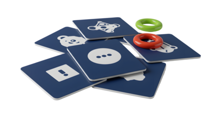 BABY TOYS - Set of blue cards with social media icons and two colorful rings on white background, concept for digital communication and online interaction