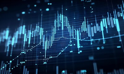 Abstract digital financial market data visualization with glowing blue candlestick charts and data points on a dark background representing growth and analysis - Powered by Adobe