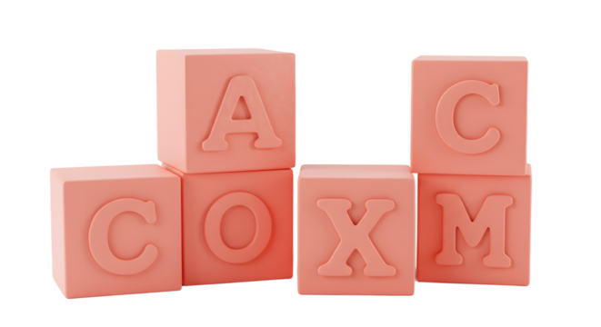 BABY TOYS - Soft pink alphabet blocks stacked with letters A, C, O, X, M, classic educational toys perfect for early childhood learning and playtime
