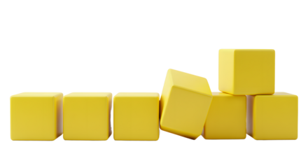 BABY TOYS - Stack of yellow wooden cubes arranged in a row on white background, ideal for educational and design projects