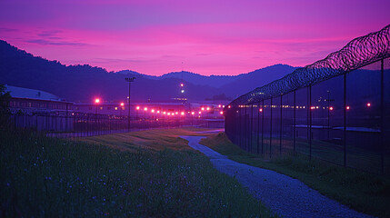 Military facility viewed at dusk with secure fencing and lights Generative AI