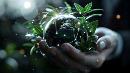 Businessman protecting Earth globe with green plant, illuminated network lines representing environmental sustainability and global connectivity
