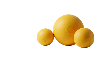 BABY TOYS - Three yellow spherical wooden balls of different sizes with visible wood grain texture isolated on white background, perfect for design and decoration projects