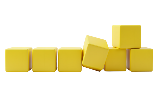 BABY TOYS - Stack of yellow wooden cubes arranged in a row on white background, ideal for educational and design projects