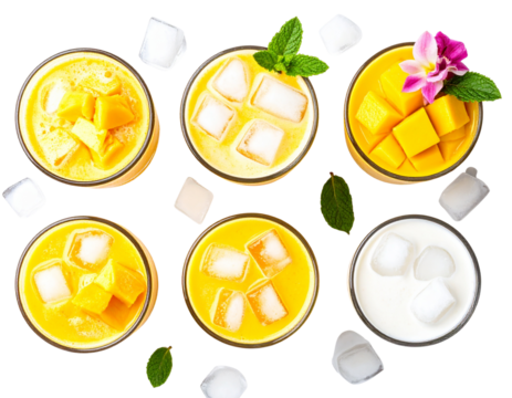 Glass Set of Mango and Coconut Drinks with Ice Cubes, Top View, Transparent Background
