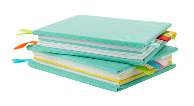 BABY TOYS - Stack of three turquoise notebooks with colorful ribbon bookmarks isolated on white, perfect for study or office use