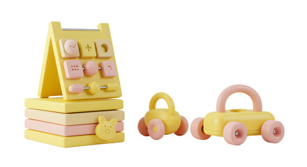 BABY TOYS - Yellow and pink wooden baby toys with shapes and cars, early childhood educational toys perfect for toddlers and preschool learning