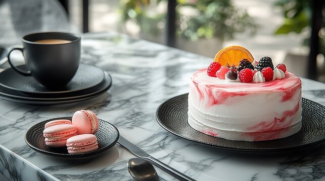 Red and pink fruit cake on checkered tablecloth with macarons and orange slice, gray marble background creating warm atmosphere for Valentine's and Mother's Day promotion