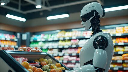 Humanoid robot cashier scanning groceries at a modern supermarket checkout. Clean lighting and clear foreground copyspace for design or text placement.