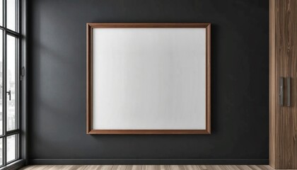 Blank picture frame with wooden border on dark gray wall in modern minimalist interior with window and door