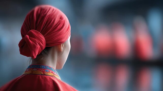 A Woman in a Red Headscarf Looks Back into the Distance