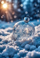 Close-up of a clear glass holiday ornament with snowflake patterns resting in fresh white snow during golden hour, sparkling with warm sunlight and bokeh