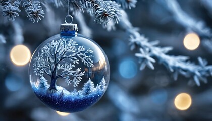 Close-up of a clear glass christmas ornament with a frosted winter tree scene inside, hanging on a snowy pine branch with bokeh lights