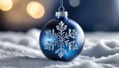Close-up of a blue christmas ornament with a silver snowflake design resting in fresh white snow during the festive winter season with warm bokeh lights