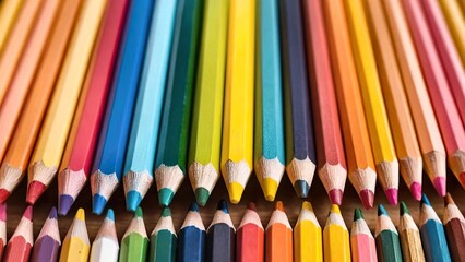 Close-up of a vibrant rainbow spectrum of sharpened colored pencils arranged in neat rows, symbolizing creativity and education