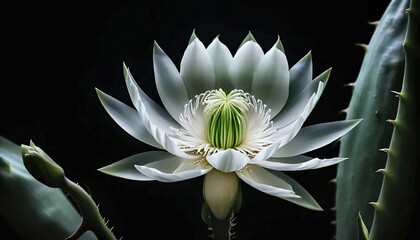 Close-up of a vibrant white night-blooming cactus flower with a striking green center and delicate petals, highlighted against a dark background