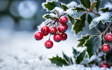 Close-up of vibrant red winter berries and frosted green leaves covered in fresh snow, evoking a serene christmas and holiday season