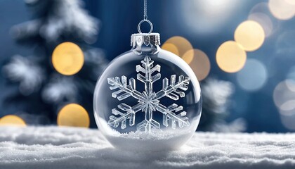 Crystal snowflake sealed inside a clear ornament. Winter bokeh and fresh snow create a serene holiday mood.