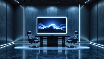 Futuristic minimalist boardroom with a large screen displaying abstract blue waves, a modern and high-tech corporate background