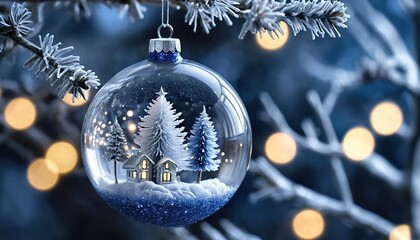 Glass bauble with a tiny winter village glows on a frosty branch. Cozy lights sparkle against a deep blue night.