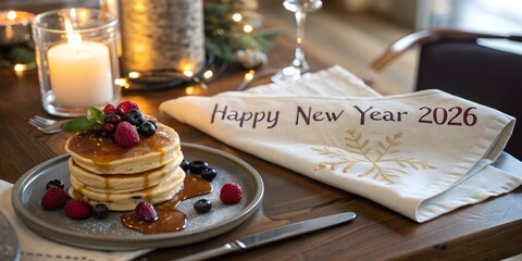 Pancakes with berries and maple syrup for happy new year 2026 celebration