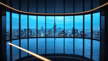 Luxury modern office with a curved panoramic window overlooking a glowing city skyline at night