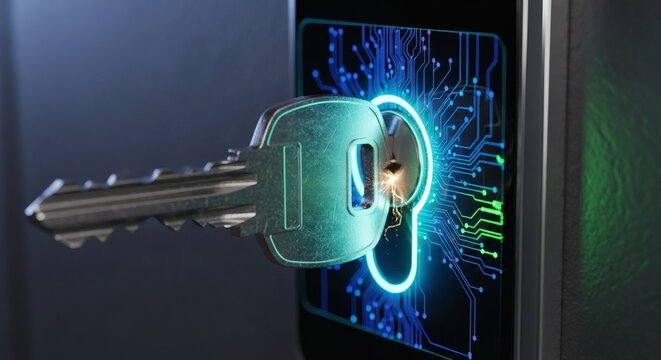 Key unlocking a digital lock with glowing circuitry, representing data security and access control in technology