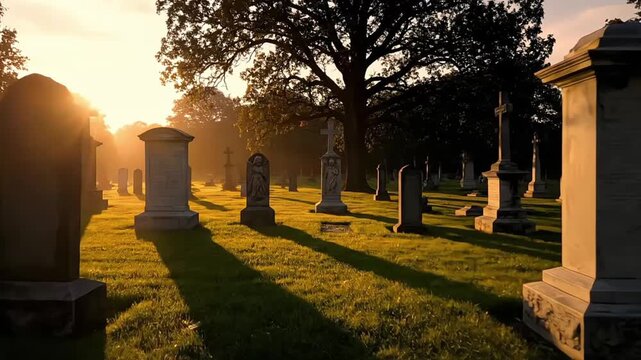 Golden morning light bathes a peaceful cemetery filled with old gravestones and trees.