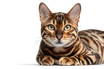 Obraz premium A tabby Bengal cat rests peacefully on a clean white surface.