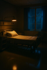 AI-generated hospital room at night with warm and cool lighting contrast