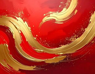 Abstract art with gold brushstrokes on a vibrant red background