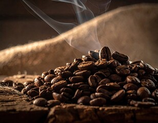 Rustic Coffee Beans Pile on Wooden Slab with Smoke in Warm Lighting Against Burlap Background