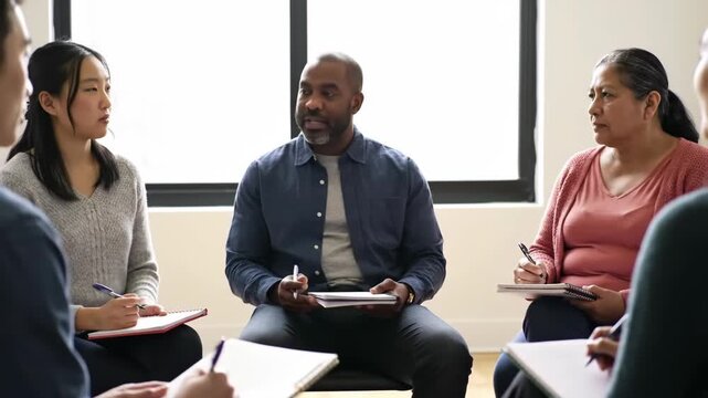 Diverse group of adults participate in a support group session with notebooks.