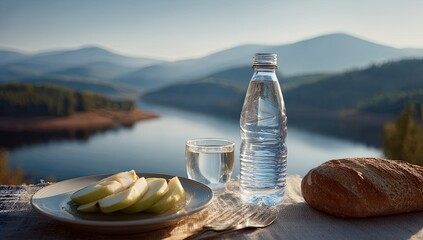 Obraz premium Lakeside picnic with water and bread