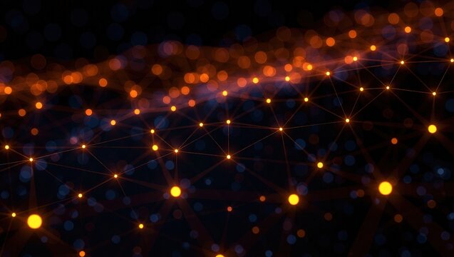 Abstract network of glowing orange and yellow particles on a dark background, representing data flow and digital connections.