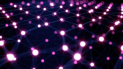 Abstract network of glowing pink dots connected by lines on a dark background, representing data, technology, and digital communication.