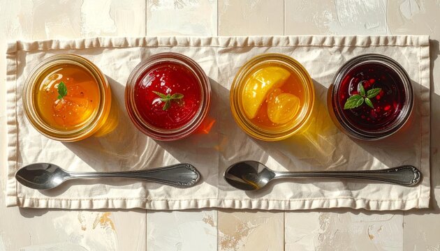 Four vibrant fruit jellies or jams in glass jars, each garnished with fresh leaves, arranged on a white ruffled cloth with two silver spoons, bathed in natural light.
